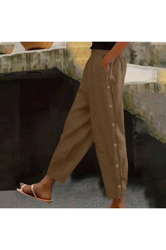 Barrel Pants for Women Elastic Waist Fuax Linen Trousers with Side Button Deco Pockets Brown L