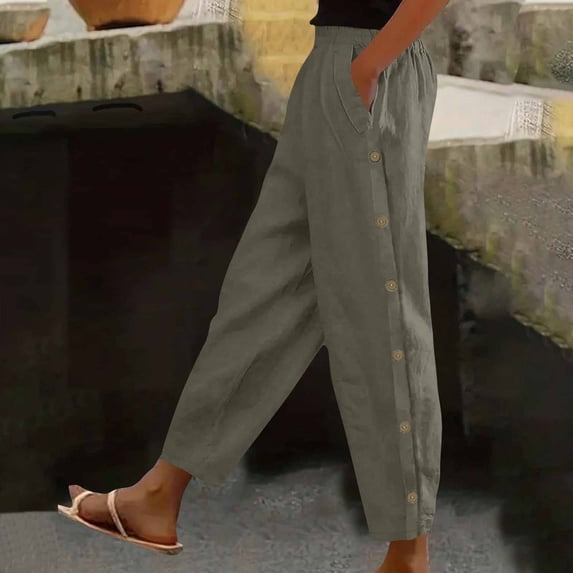 Oiangi Barrel Pants for Women Elastic Waist Fuax Linen Trousers with Side Button Deco Pockets Gray XL