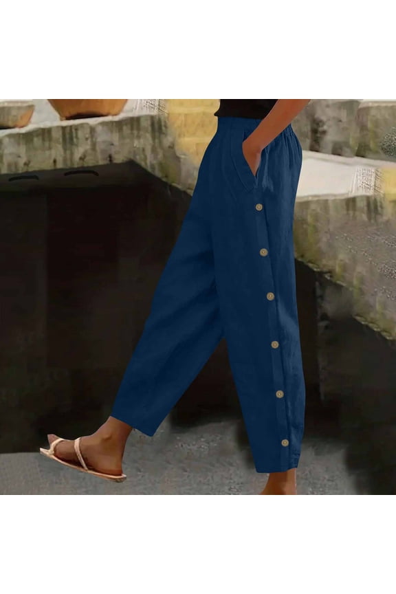 Barrel Pants for Women Elastic Waist Fuax Linen Trousers with Side Button Deco Pockets Navy L