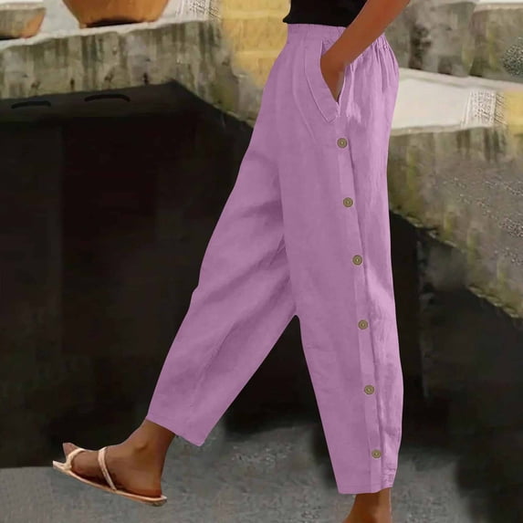 Oiangi Barrel Pants for Women Elastic Waist Fuax Linen Trousers with Side Button Deco Pockets Pink 2XL