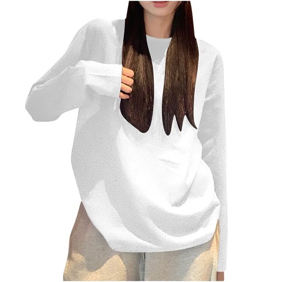 Oiangi Basic Long Sleeve Tops Women Oversized Round Neck Casual Loose T-Shirts Comfy Base Layer for Fall Winter White XL