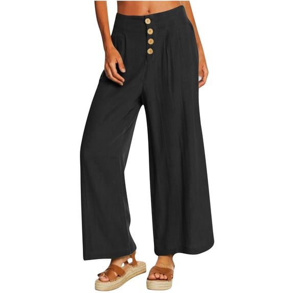 Oiangi Boho Cotton Linen Pants for Women Wide Leg Pant Flowy Palazzo Summer Casual Pants with Pockets Black XL