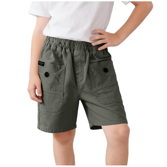 Oiangi Boy's Cargo Shorts Elastic Waist Long Shorts Summer Cotton School Uniform Shorts with Pockets Army Green 5-6 Years