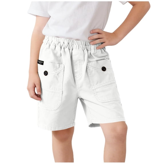 Oiangi Boy's Cargo Shorts Elastic Waist Long Shorts Summer Cotton School Uniform Shorts with Pockets White 2-3 Years