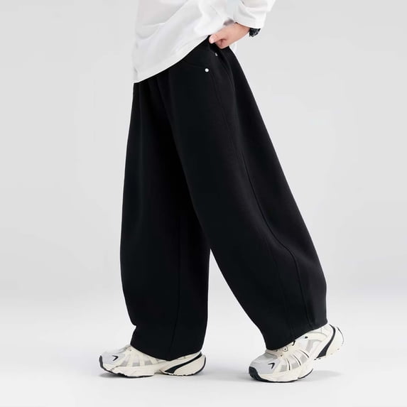Oiangi Boys Baggy Pants Elastic Waist Loose Fit Cotton Pants Summer Curved Leg Trousers with Pockets Black 8-9 Years