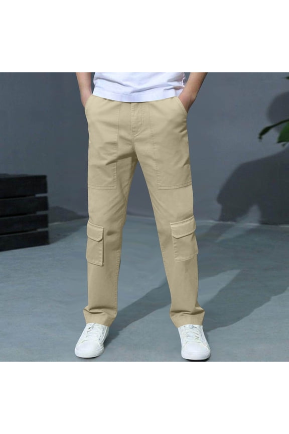 Boys Cargo Pants Elastic Waist Straight Leg Chino Pants Summer School Uniform Pants with Multi-Pocket Khaki 7-8 Years