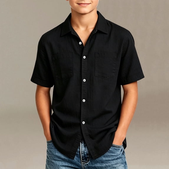 Oiangi Boys Cotton Linen Tops Short Sleeve Button Down Shirts Casual Solid Color School Uniform Black 5 Years