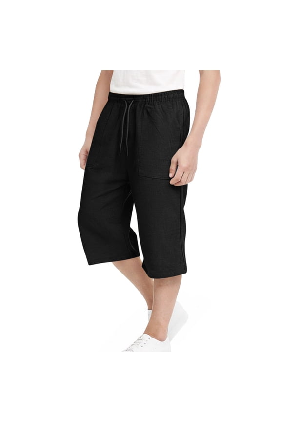Boys Girls Capris Elastic Waist Cotton Capri Pants Loose Fit School Uniform Pants with Pockets Black 10-11 Years