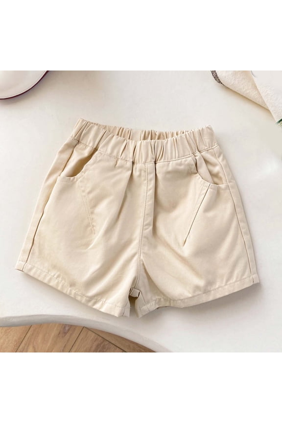 Boys Girls Cotton Shorts Elastic Waist Lightweight Outdoors Boxers with Pockets for Back to School Beige 6-7 Years
