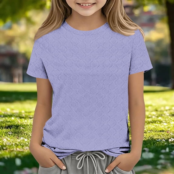 Oiangi Boys Girls Eyelet T-Shirts Crew Neck Short Sleeve Tops Casual Solid Color Tees for Back to School Sky Blue 5 Years