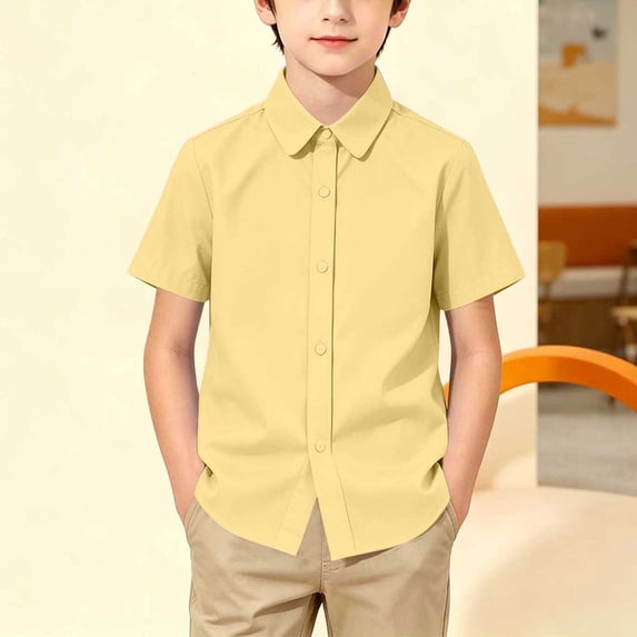 Oiangi Boys Girls Short Sleeve Button Down Uniform Shirts Lapel Basic Dress Shirt for Back to School Yellow 16 Years
