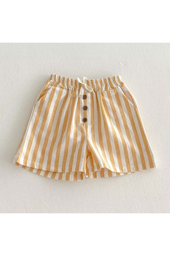 Boys Girls Striped Shorts Elastic Waist Casual Outdoors Shorts Summer Cotton Pockets Boxers with Button Deco 4-Yellow 3 Months
