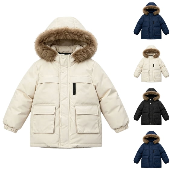 Oiangi Boys Girls Winter Puffer Jacket with Hood Warm Ski Coat Thick Outerwear Parka Beige 7-8 Years