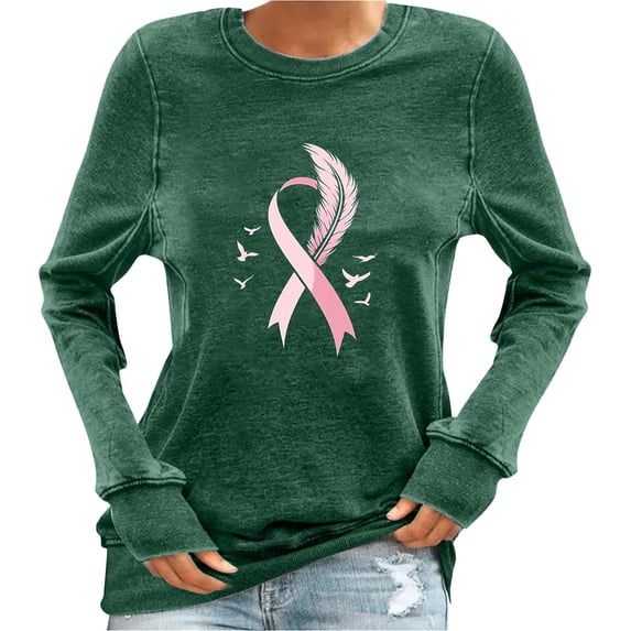 Oiangi Breast Cancer Awareness T-Shirts for Women Pink Ribbon Crewneck Long Sleeve Shirt Casual Support Tees for Fall Green 2XL