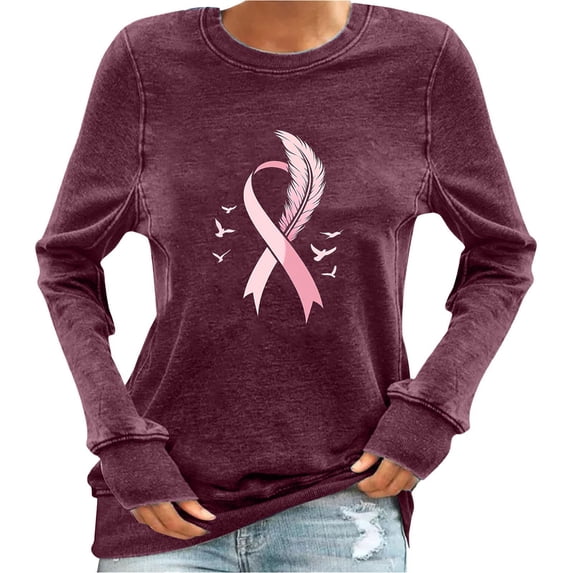 Oiangi Breast Cancer Awareness T-Shirts for Women Pink Ribbon Crewneck Long Sleeve Shirt Casual Support Tees for Fall Wine XL