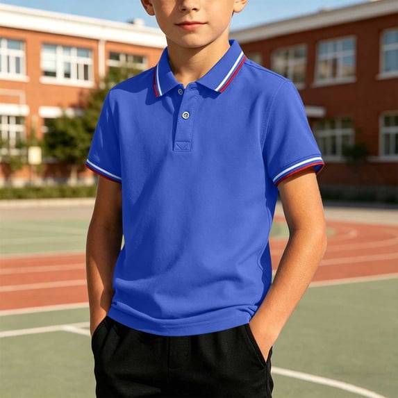 Oiangi Button Up Shirt for Boy Short Sleeve Lapel Shirt Comfy Dress School Uniform Blue 3XL