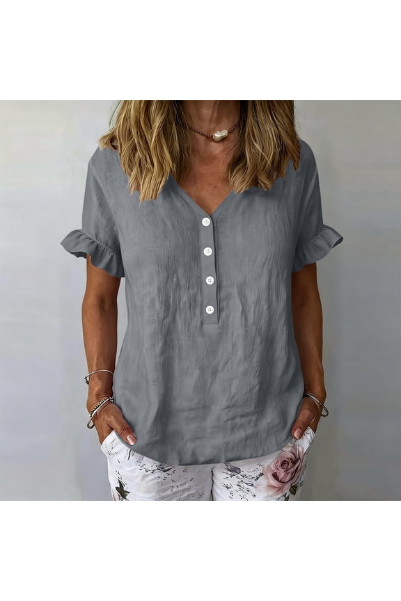 Button Up Shirts for Women Ruffled Short Sleeve V Neck Blouses Summer Casual Going Out Tops Gray 2XL