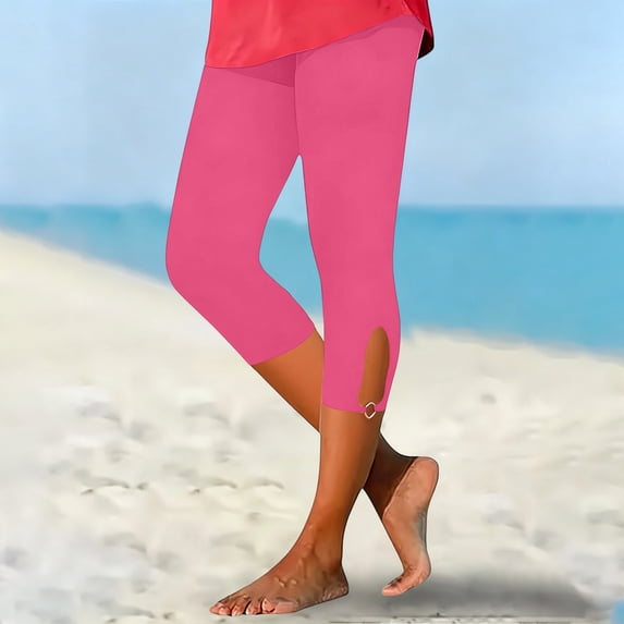 Oiangi Capri Leggings for Women High Waist Stretchy Workout Yoga Capris Casual Keyhole Hem Cropped Trousers Pink M