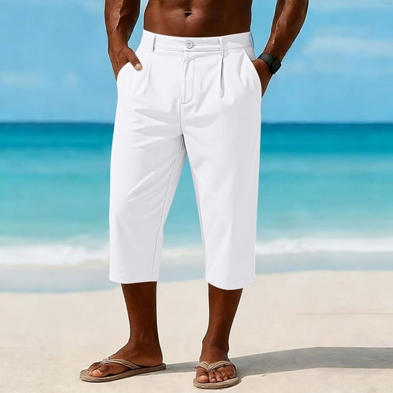 Oiangi Capris for Men Elastic Waistband Breathable Dress Pants Casual Button Zipper Beach Capri Pants with Pockets White 2XL
