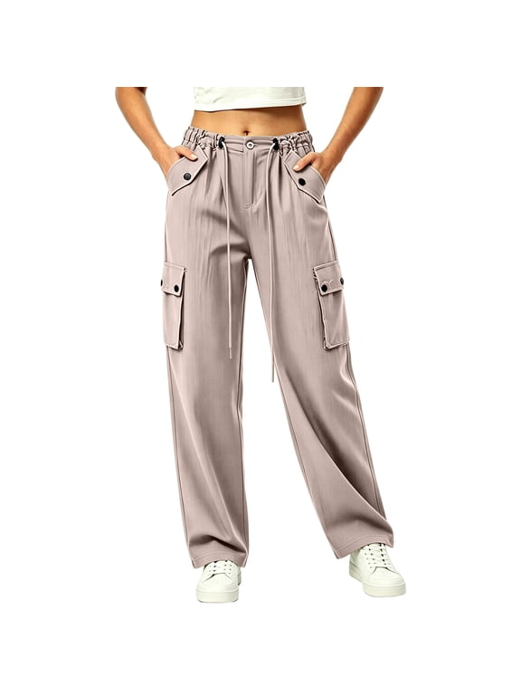 Cargo Pants for Women Elastic Waist Quick Dry Athletic Pant Fall Lightweight Drawstring Trousers with Multi-Pocket Khaki XS