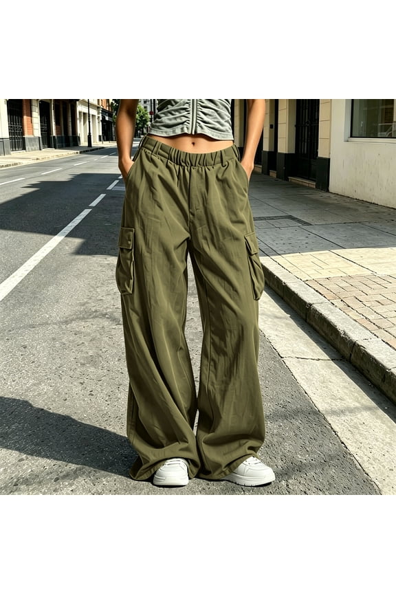 Cargo Pants for Women Elastic Waist Wide Leg Pant Fall Casual Ruched Daily Wear Trousers with Multi-Pocket Army Green 3XL