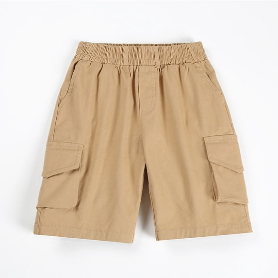 Oiangi Cargo Shorts for Boy Breathable Elastic Waist Knee Shorts School Uniform Shorts with Multi-Pockets Khaki 10 Years