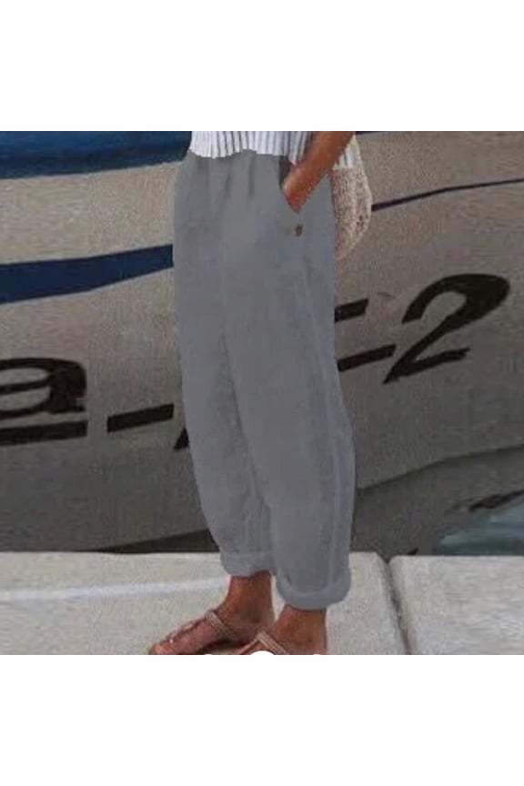Cotton Linen Pants for Women Casual Loose Boho Barrel Pants with Pockets Gray L