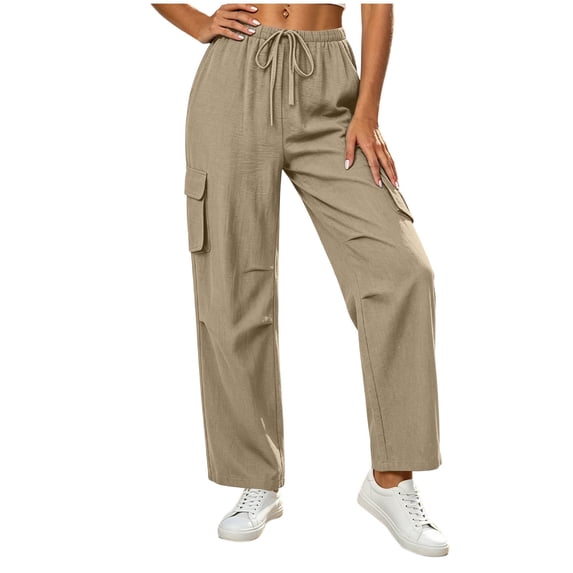Oiangi Cotton Linen Pants with Cargo Pockets for Women Elastic Waist Drawstring Pant Fall Lightweight Trousers with Pockets Khaki XL