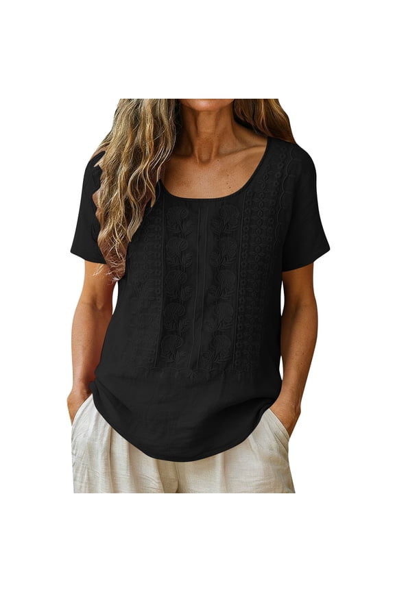 Cotton Linen T-Shirts Women Embroidered Crew Neck Tees Casual Boho Summer Tops Black L