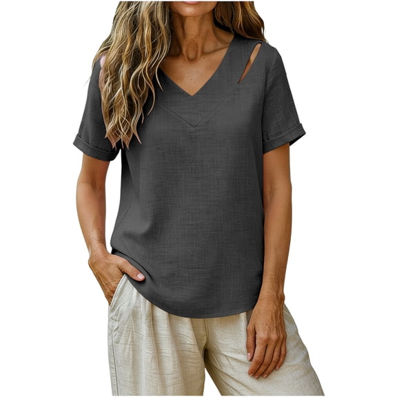 Oiangi Cotton Linen T-shirts Women V Neck Cutout Tee Shirts Rolled Short Sleeve Summer Tops Gray L