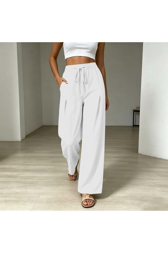 Cotton Linen Wide Leg Pants for Women Drawstring Elastic Waist Ruched Pant Fall Lightweight Basic Trousers with Pockets White 2XL