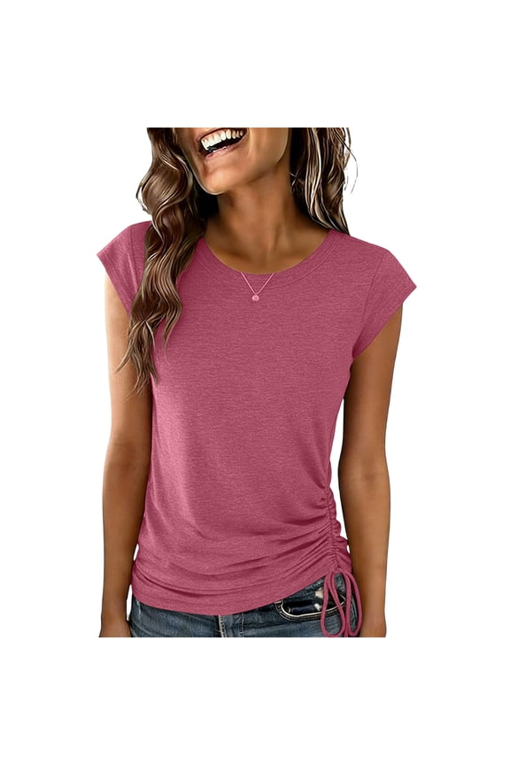 Crop Short Sleeve Tops Women Side Drawstring Ruched T Shirts Crew Neck Fitted Basic Tees Watermelon Red XL