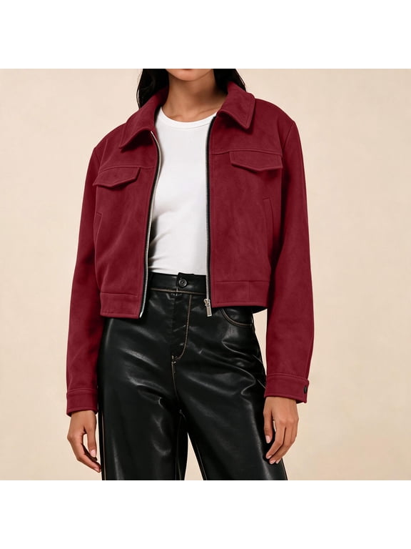 Cropped Bomber Jackets for Women Faux Suede Zip-Up Biker Moto Coat Outwear for Winter Warmth Red M