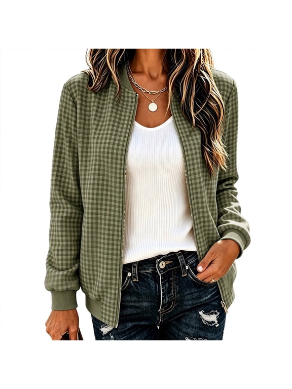 Cropped Bomber Jackets for Women Varsity Zip Up Casual Shackets for Fall Army Green 2XL