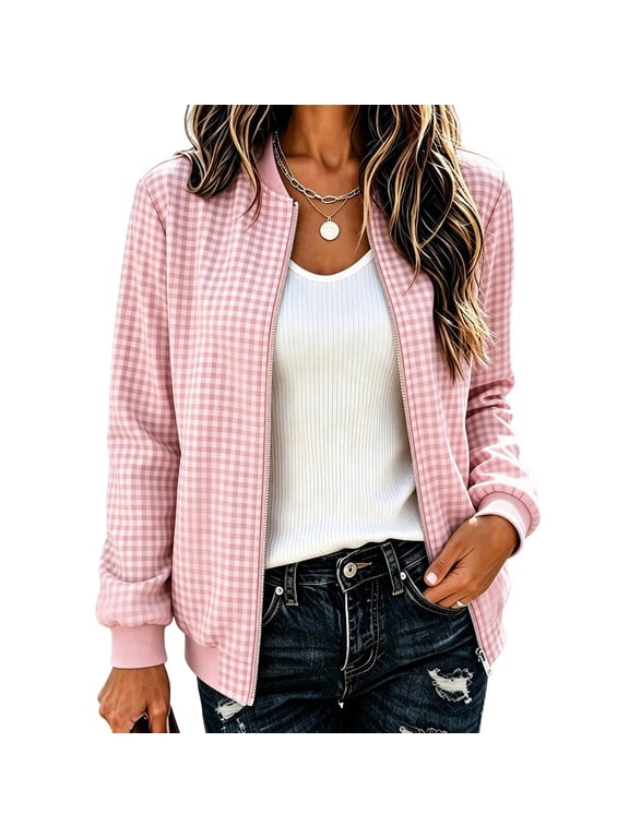 Cropped Bomber Jackets for Women Varsity Zip Up Casual Shackets for Fall Pink M