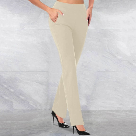 Oiangi Dress Pants for Women Straight Leg Elastic Waist Slacks Casual Office Work Pockets Trousers Beige 2XL