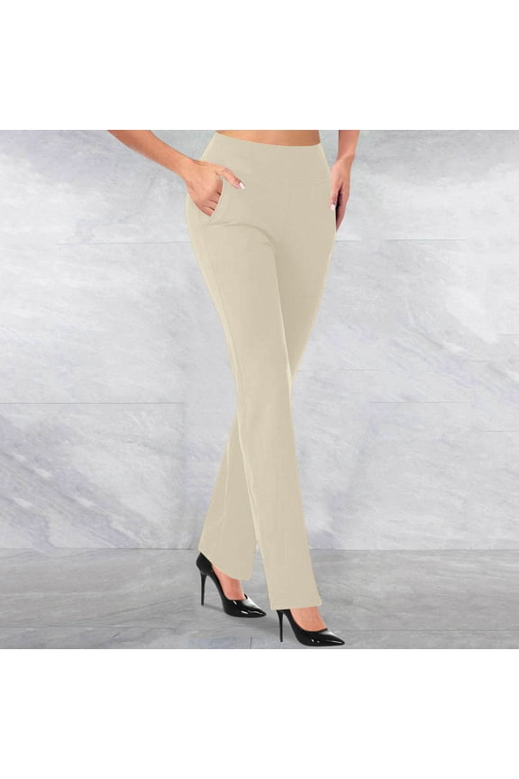 Dress Pants for Women Straight Leg Elastic Waist Slacks Casual Office Work Pockets Trousers Beige 2XL