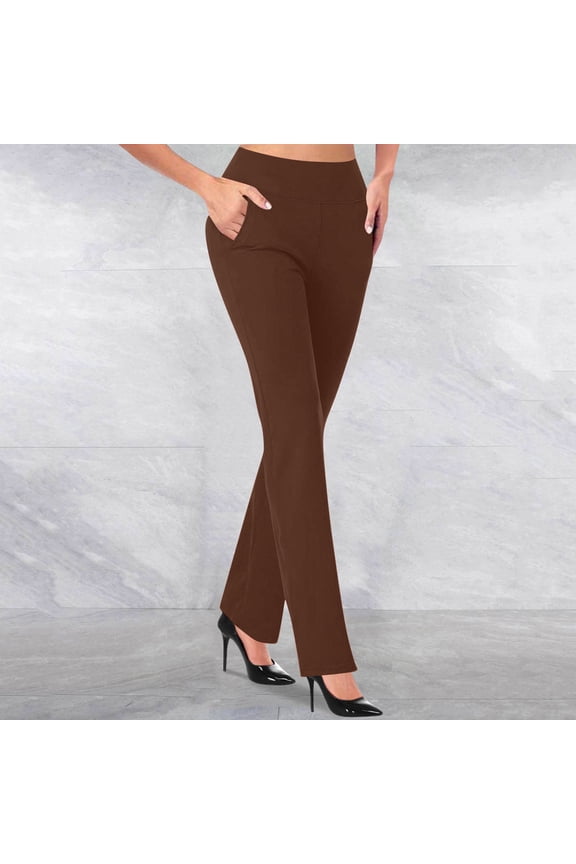 Dress Pants for Women Straight Leg Elastic Waist Slacks Casual Office Work Pockets Trousers Brown M