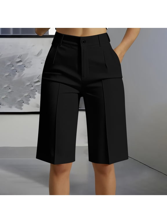 Dress Shorts Women High Waistband Button Zipper Bermuda Shorts Casual Business Work Long Shorts with Pockets Black L