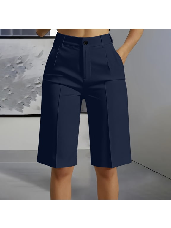 Dress Shorts Women High Waistband Button Zipper Bermuda Shorts Casual Business Work Long Shorts with Pockets Navy S