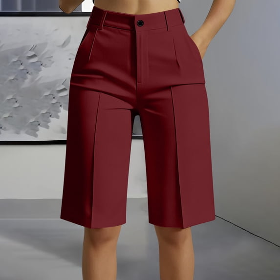Oiangi Dress Shorts Women High Waistband Button Zipper Bermuda Shorts Casual Business Work Long Shorts with Pockets Wine 3XL