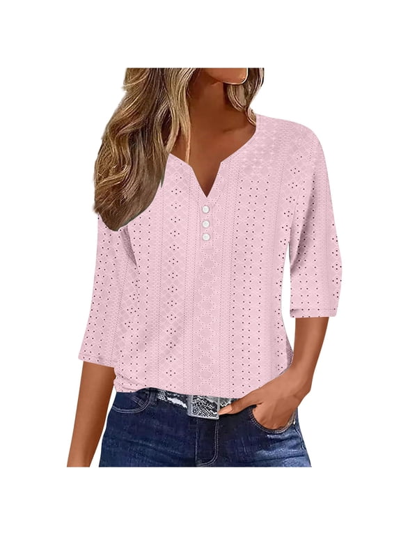 Eyelet Tops for Women 3/4 Length Sleeve Henley Shirts Casual Hollow Out Solid Blouses for Fall Vacation Pink L