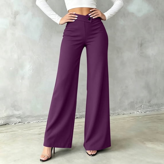Oiangi Flare Leg Dress Pants for Women Crossover High Waist Button Pant Fall Casual Business Office Work Trousers with Pockets Purple XL