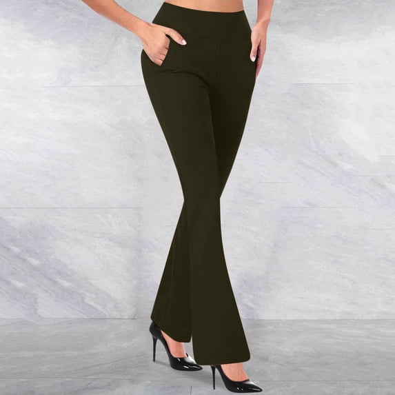 Oiangi Flare Leggings for Women Casual Elastic Waist Slacks Casual Business Dress Pants with Pockets Army Green XS