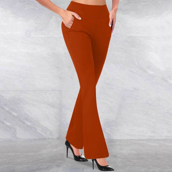 Oiangi Flare Leggings for Women Casual Elastic Waist Slacks Casual Business Dress Pants with Pockets Orange XS