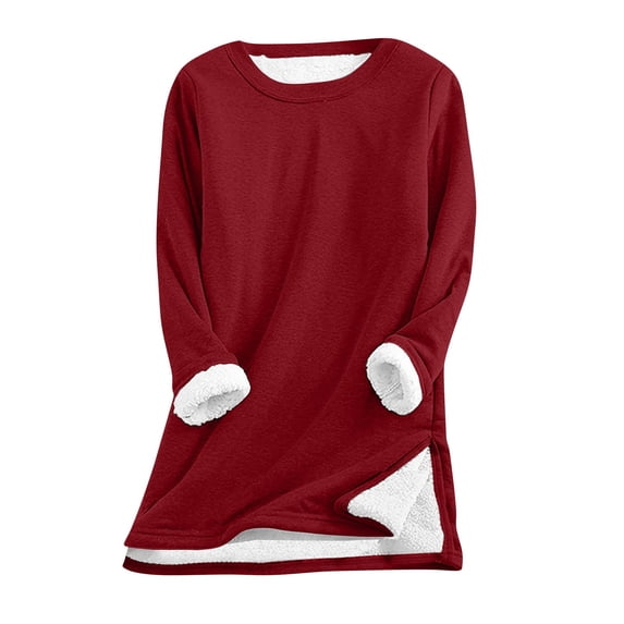 Oiangi Fleece Sweatshirts Women Winter Warm Sherpa Lined Crewneck Tunic Tops Loungewear Fluffy Pajama Pullover Wine 2XL