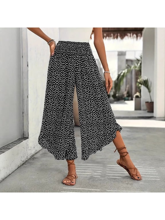 Flowy Palazzo Pants for Women High Waist Ruffled Wide Leg Pant Casual Polka Dots Cropped Trousers for Holiday Travel Black 2XL