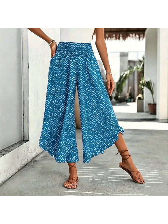 Flowy Palazzo Pants for Women High Waist Ruffled Wide Leg Pant Casual Polka Dots Cropped Trousers for Holiday Travel Light Blue M