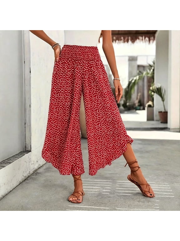 Flowy Palazzo Pants for Women High Waist Ruffled Wide Leg Pant Casual Polka Dots Cropped Trousers for Holiday Travel Red M