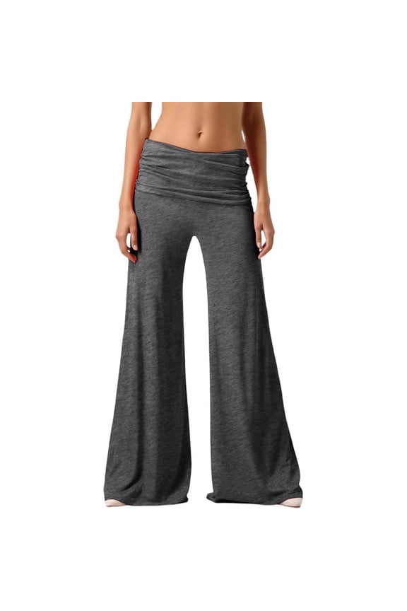 Fold Over Yoga Flared Pants Women Plisse Yoga Strechy Wide Leg Pant Flowy Workout Trousers for Fall Dark Gray 2XL